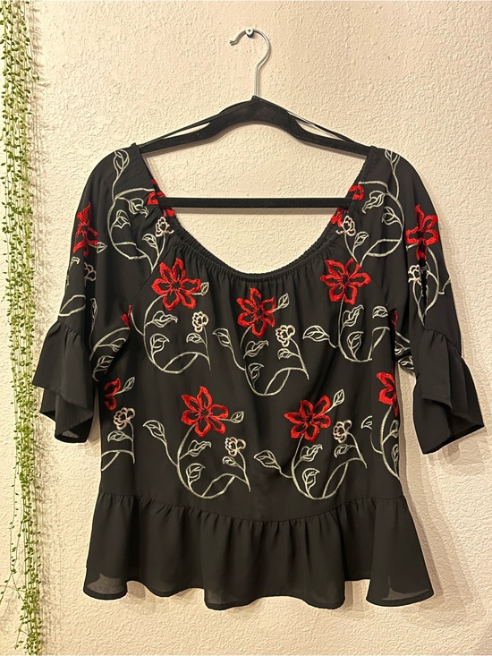 Candie's Tops - Candies Black Peplum Sheer Blouse with Floral Embroidery - Large